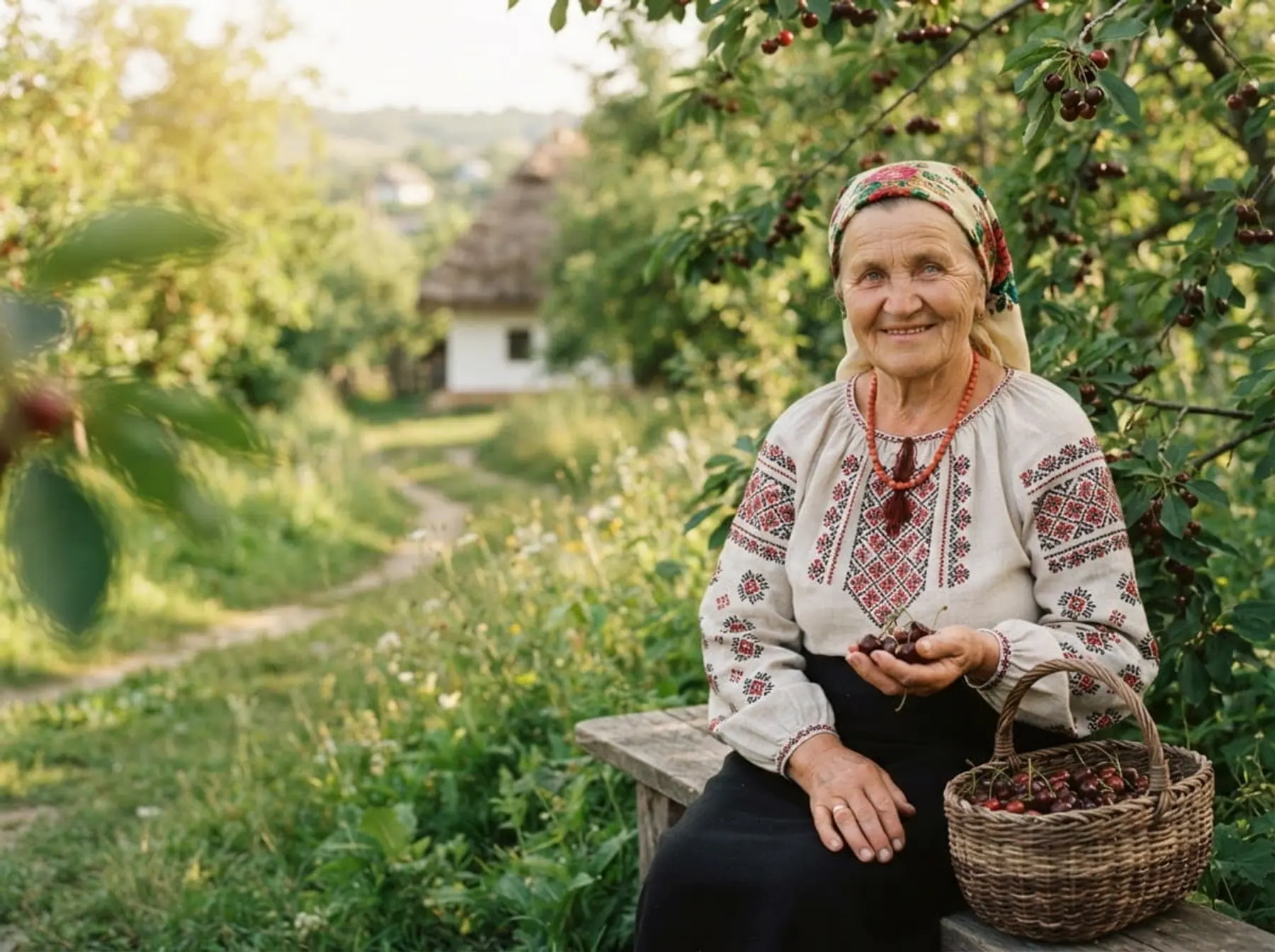 Українська бабуся у вишиванці з кошиком яблук у саду — здоров’я 360 днів на рік