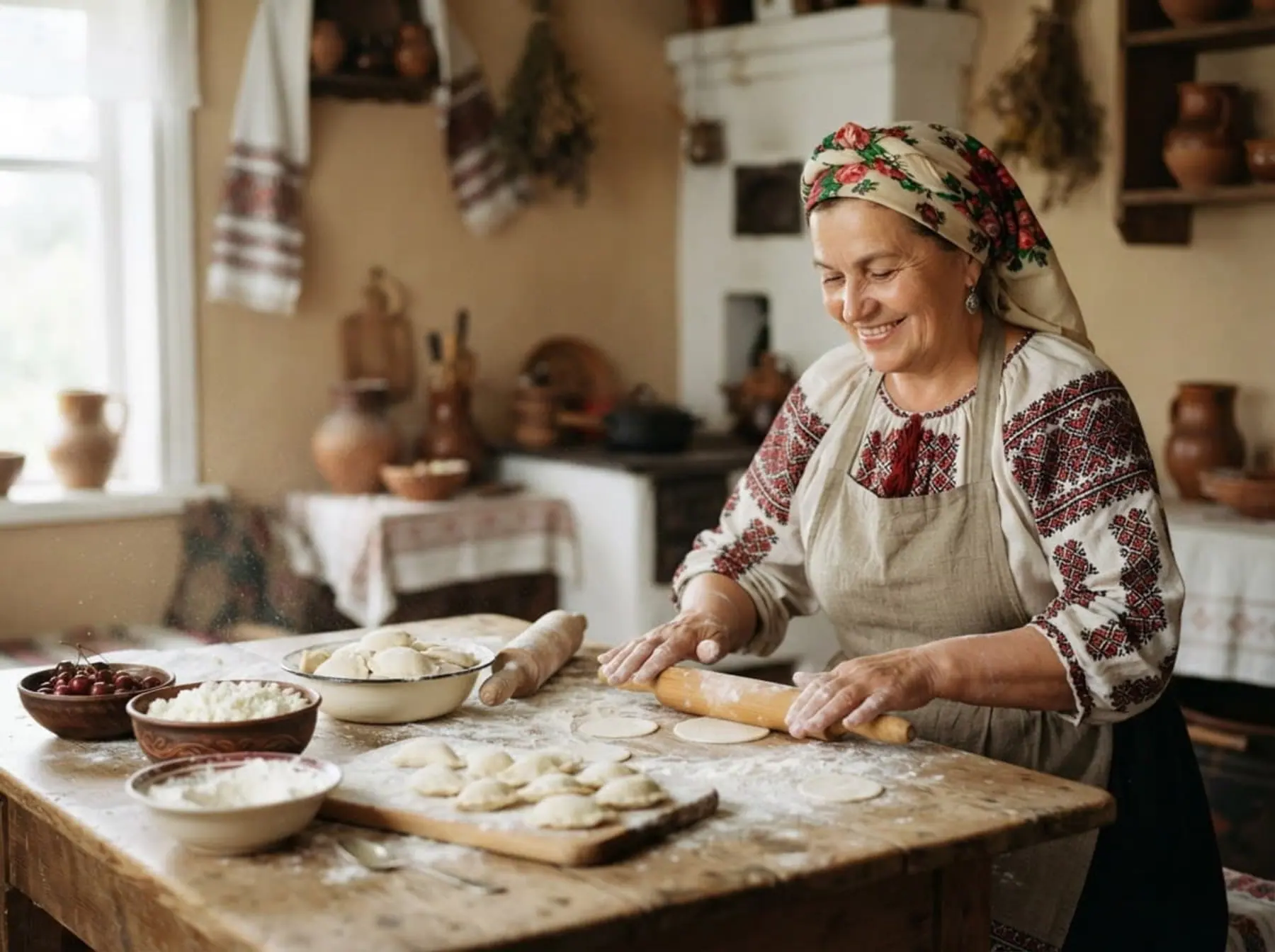 Господиня ліпить вареники на домашній кухні: здорові звички як частина щоденного життя